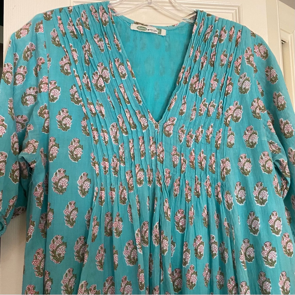 Dolma Floral Aqua Cotton Midi V neck Dress EUC - Picture 11 of 11